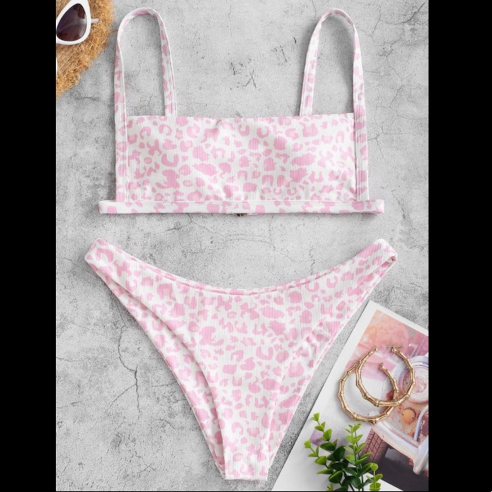 ZAFUL Animal Print Ribbed Bikini Set - Pig Pink